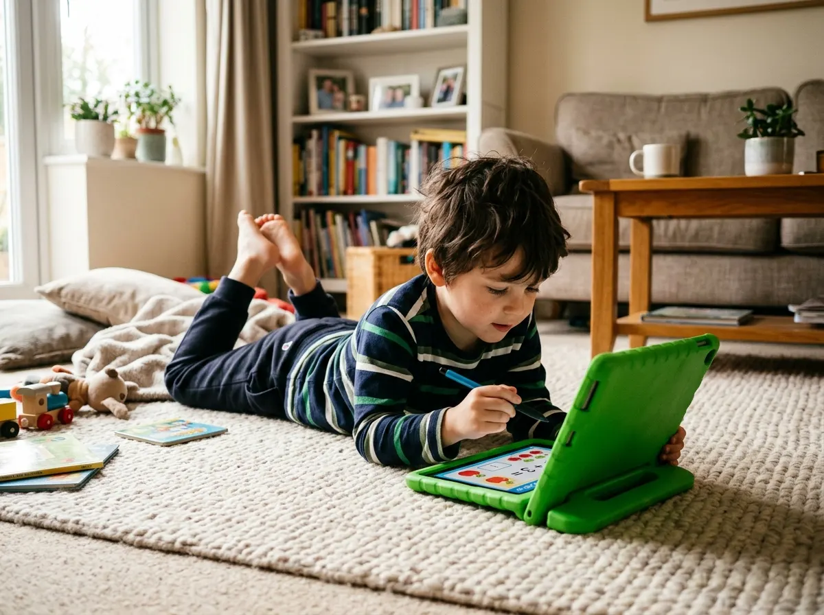 A child working through a Luna lesson on the rug